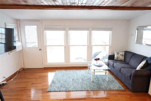 living area with wood ceiling, wood finished floors, and beam ceiling