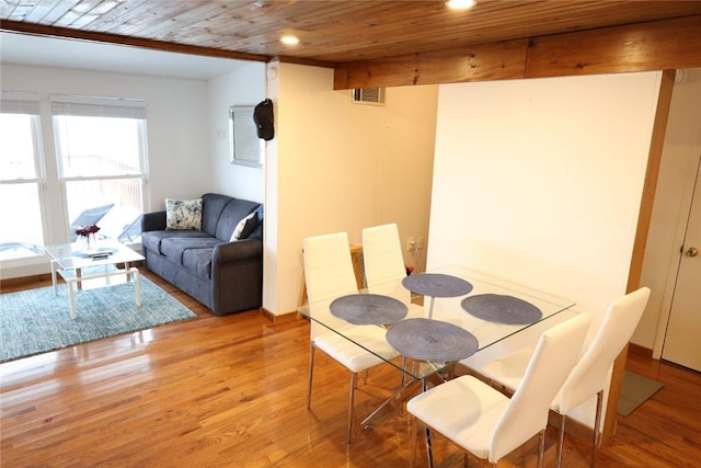 dining space with recessed lighting, light wood finished floors, visible vents, and wooden ceiling