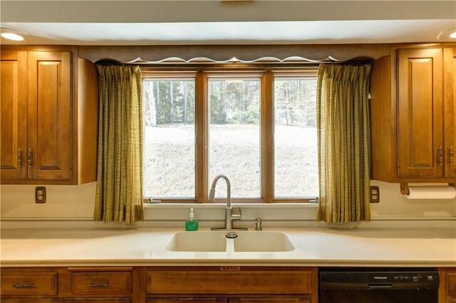 kitchen featuring a sink, plenty of natural light, brown cabinets, and dishwasher