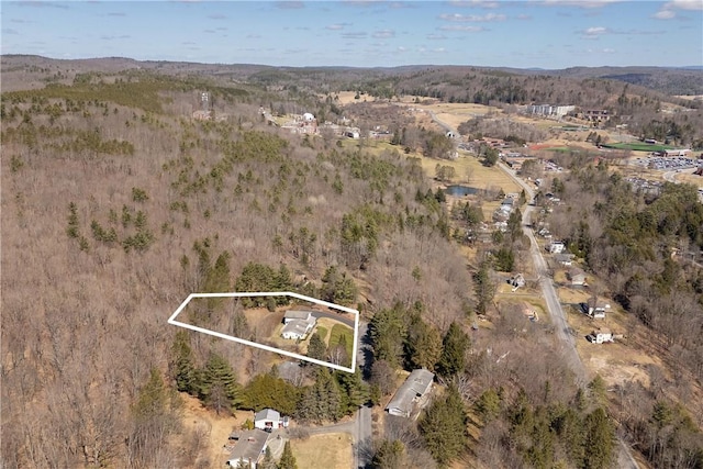 drone / aerial view with a wooded view
