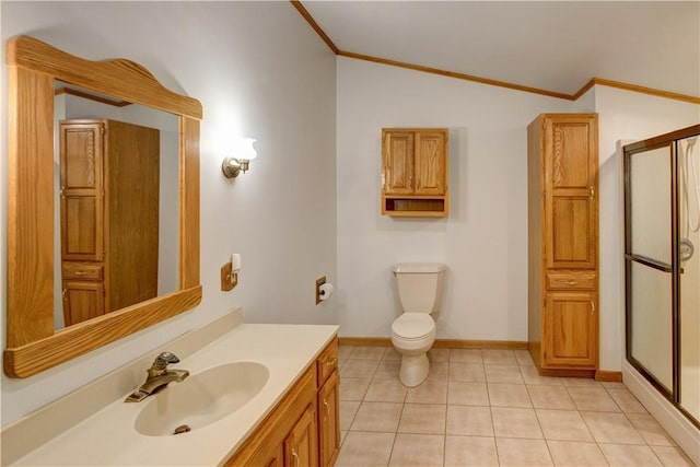 full bath featuring ornamental molding, toilet, vanity, lofted ceiling, and a stall shower