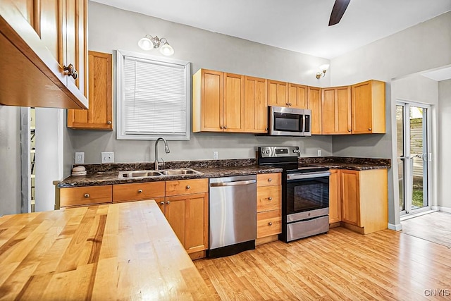 1002 N Madison St, Rome-Inside, NY 13440 - kitchen featuring light wood-type flooring, wooden counters, a sink, ceiling fan, and appliances with stainless steel finishes