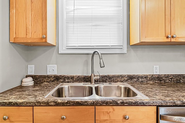 1002 N Madison St, Rome-Inside, NY 13440 - kitchen featuring a sink, dark countertops, light brown cabinetry, and stainless steel dishwasher