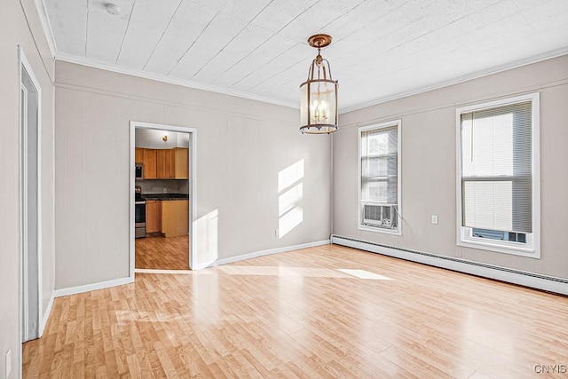 1002 N Madison St, Rome-Inside, NY 13440 - unfurnished room featuring a notable chandelier, crown molding, light wood finished floors, a baseboard radiator, and baseboards