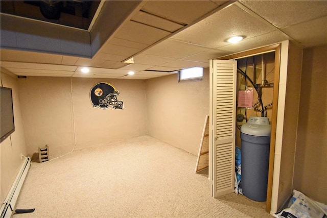 21 Algonquin Dr, Big Flats, NY 14845 - below grade area with a water softener system, a baseboard heating unit, carpet floors, a paneled ceiling, and recessed lighting