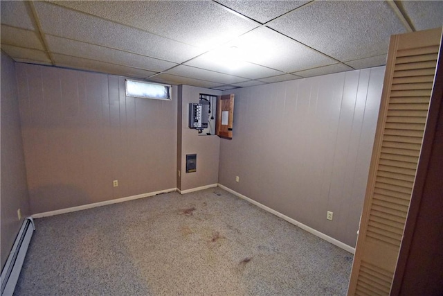 21 Algonquin Dr, Big Flats, NY 14845 - basement with a baseboard radiator, carpet, and a drop ceiling