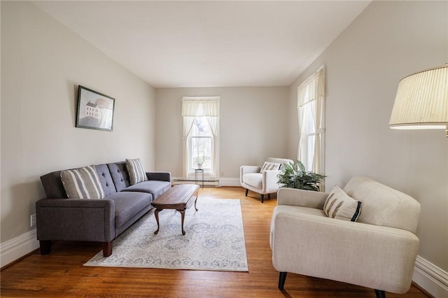 living room featuring baseboards, wood finished floors, and a baseboard heating unit