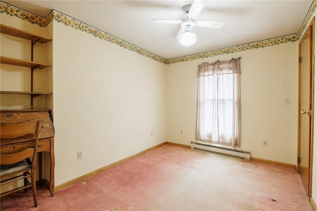 unfurnished room featuring light colored carpet, ceiling fan, a baseboard heating unit, and baseboards