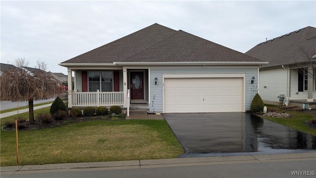 view of front of property featuring an attached garage, a front lawn, driveway, a shingled roof, and a porch