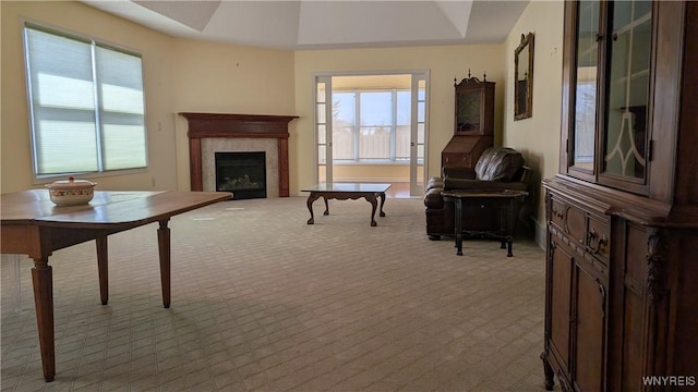 living area featuring a fireplace