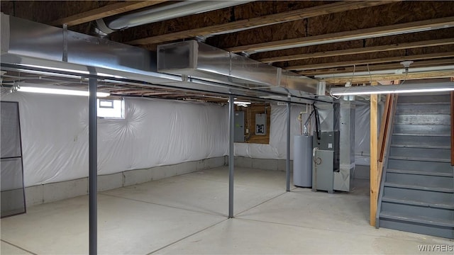 basement with stairs, heating unit, gas water heater, and electric panel