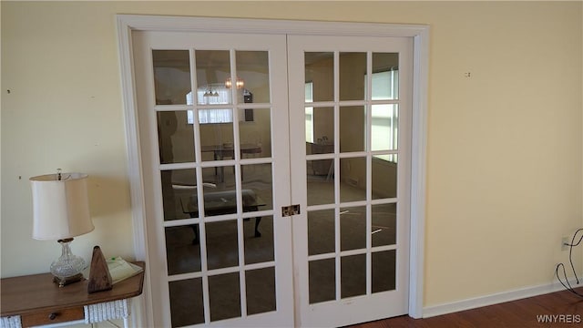 room details with baseboards, wood finished floors, and french doors