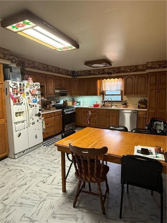 39 Steuben St, Addison, NY 14801 - kitchen featuring light countertops, a sink, under cabinet range hood, stainless steel appliances, and marble finish floor