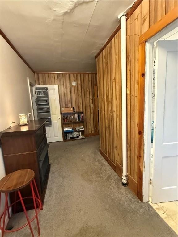 39 Steuben St, Addison, NY 14801 - interior space featuring ornamental molding, wood walls, and dark colored carpet