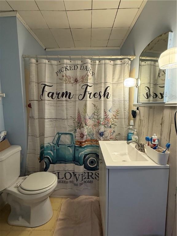 39 Steuben St, Addison, NY 14801 - full bath featuring ornamental molding, toilet, vanity, and a shower with curtain