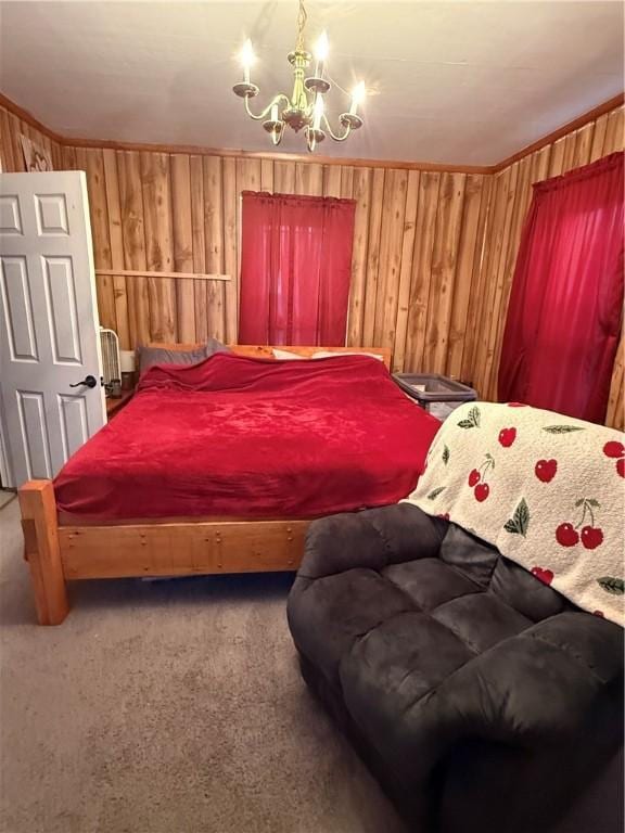 39 Steuben St, Addison, NY 14801 - carpeted bedroom featuring ornamental molding, a notable chandelier, and wood walls