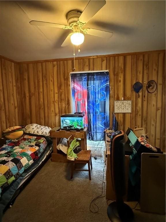 39 Steuben St, Addison, NY 14801 - bedroom featuring carpet flooring, a ceiling fan, and wood walls