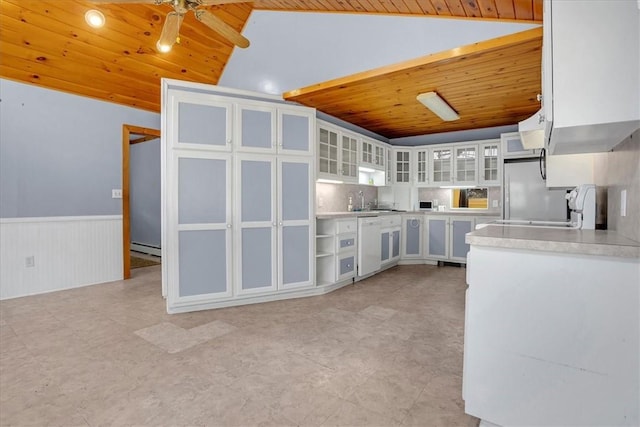 kitchen featuring light countertops, wooden ceiling, white cabinetry, wainscoting, and a baseboard heating unit