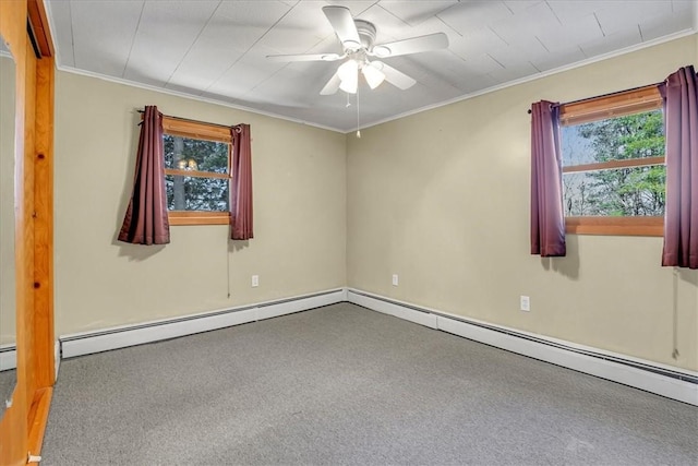 empty room featuring ornamental molding and a ceiling fan