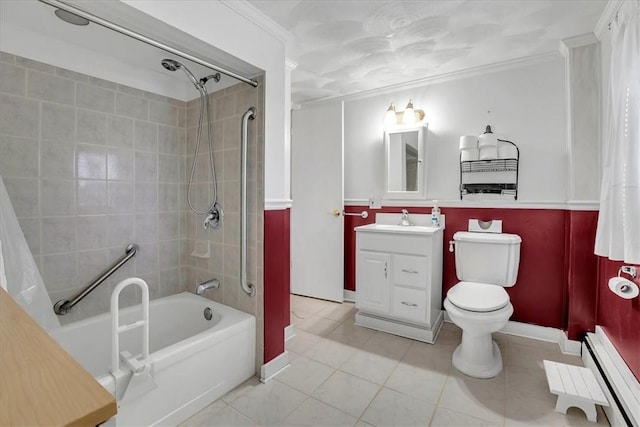 full bath with tile patterned floors, shower / tub combination, vanity, and ornamental molding