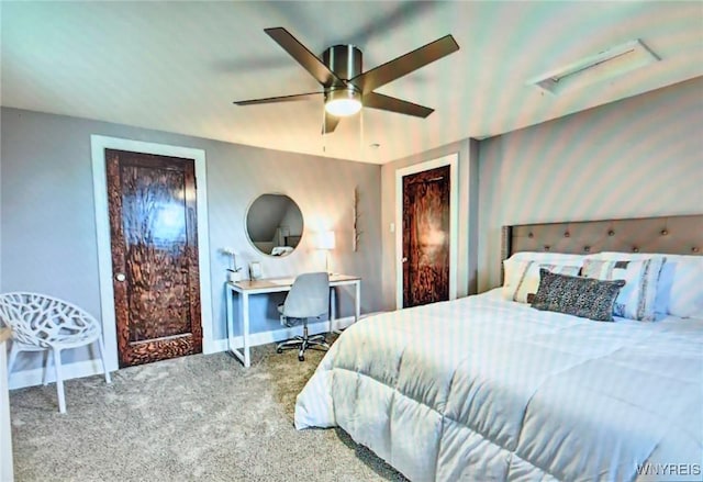 carpeted bedroom with baseboards and ceiling fan