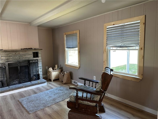 5187 State Highway 23, Norwich-Town, NY 13815 - living room featuring baseboards, a fireplace, wood finished floors, and beam ceiling