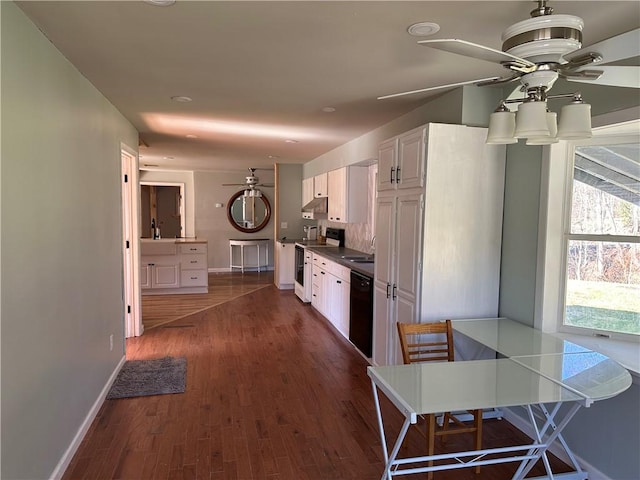 5187 State Highway 23, Norwich-Town, NY 13815 - kitchen with a sink, a ceiling fan, electric range oven, dark wood finished floors, and black dishwasher