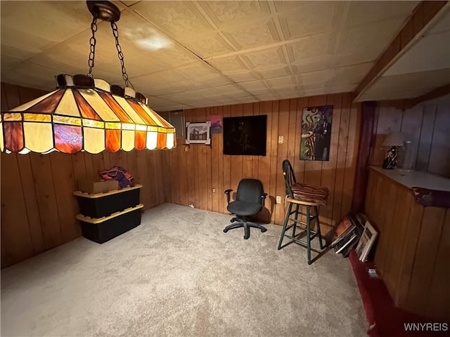 recreation room with carpet and wood walls