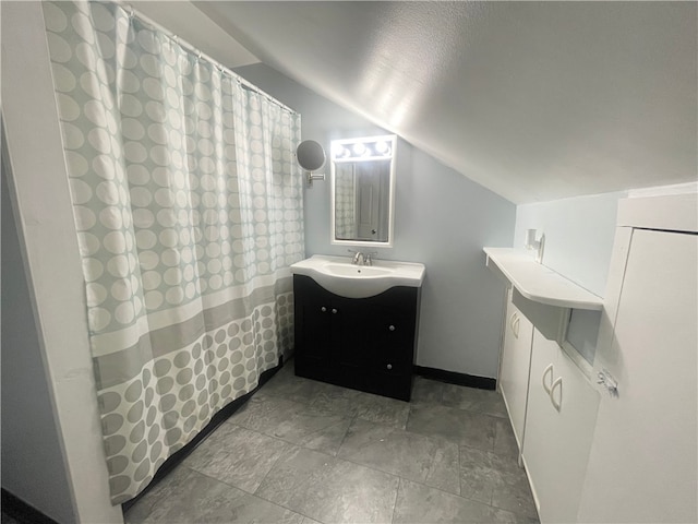 1842 E Lake Rd, Spafford, NY 13152 - bathroom featuring vanity, baseboards, vaulted ceiling, and a shower with curtain