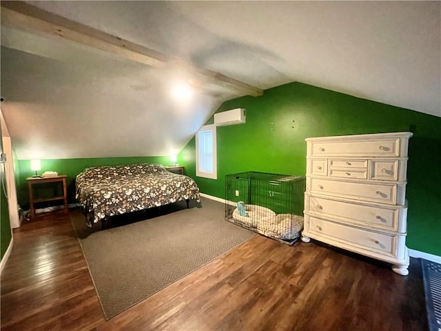 1842 E Lake Rd, Spafford, NY 13152 - unfurnished bedroom with visible vents, baseboards, vaulted ceiling, wood finished floors, and a wall unit AC