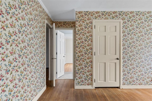507 Hilltop Rd, Union, NY 13760 - corridor with hardwood / wood-style floors, wallpapered walls, crown molding, and baseboards