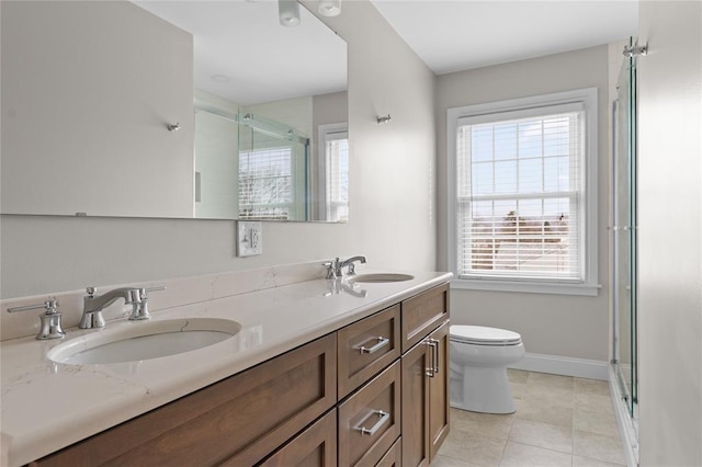 507 Hilltop Rd, Union, NY 13760 - full bathroom featuring a stall shower, toilet, a sink, baseboards, and double vanity