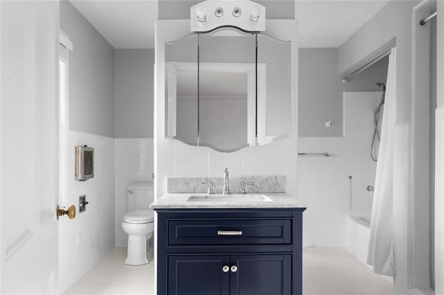 507 Hilltop Rd, Union, NY 13760 - bathroom with vanity, tile walls, toilet, shower / bath combination with curtain, and wainscoting