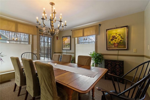 4508 State Route 64, Bristol, NY 14424 - carpeted dining area with a wealth of natural light, visible vents, and a chandelier