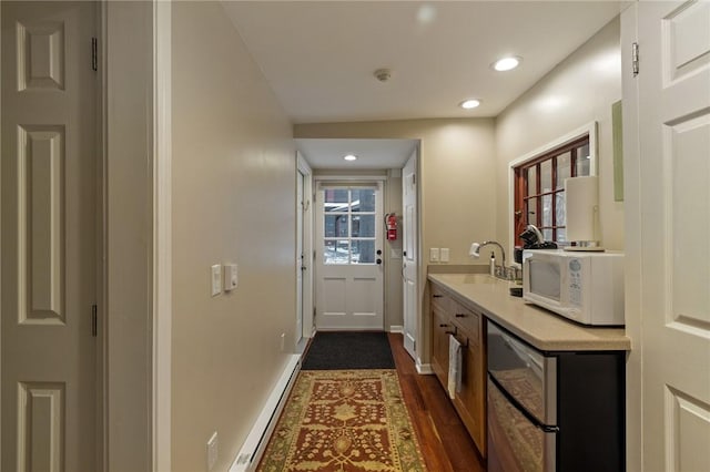 4508 State Route 64, Bristol, NY 14424 - interior space with a baseboard radiator, a sink, recessed lighting, and dark wood finished floors