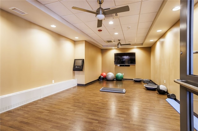237 Bretlyn Cir, Brighton, NY 14618 - exercise room with visible vents, recessed lighting, a ceiling fan, and wood finished floors