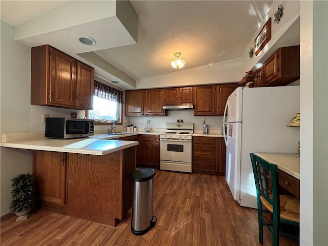 kitchen featuring under cabinet range hood, dark wood-style flooring, a peninsula, and white appliances