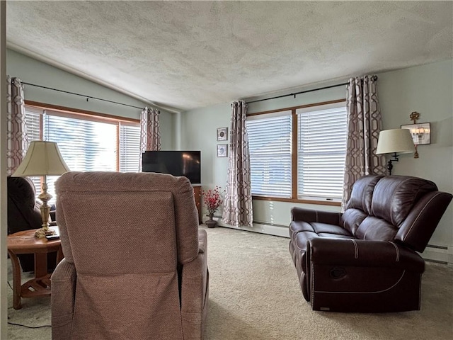 carpeted living area featuring lofted ceiling, a baseboard heating unit, baseboard heating, and a textured ceiling