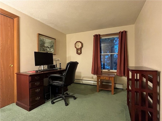 carpeted home office with a textured ceiling