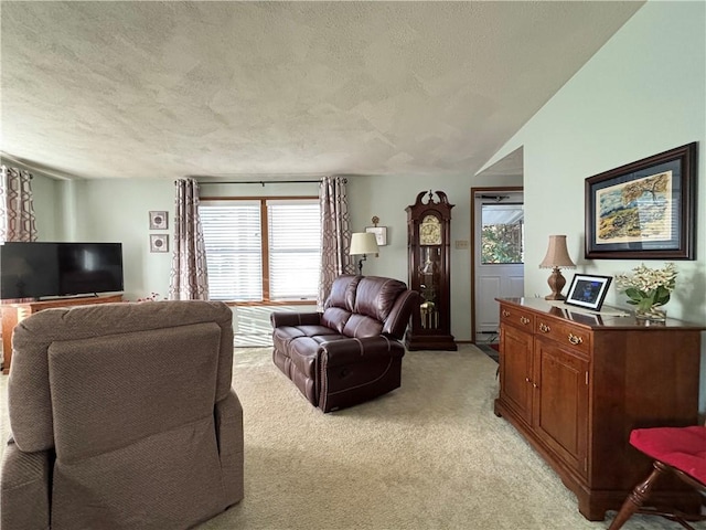 living area featuring a textured ceiling, vaulted ceiling, and light colored carpet