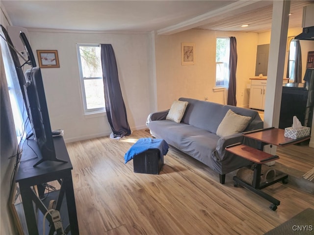 living room with plenty of natural light, baseboards, light wood-style floors, and ornamental molding