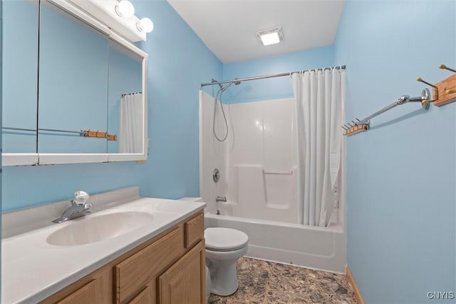 full bath with shower / bath combo, visible vents, toilet, and vanity