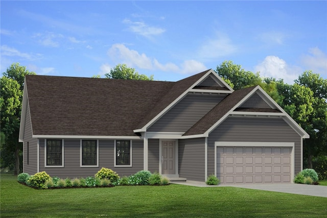 view of front of property with driveway, a shingled roof, a garage, and a front yard