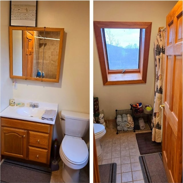 bathroom with toilet, tile patterned floors, vanity, and a shower with curtain