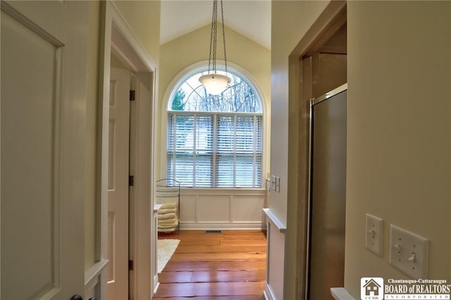 2401/2 Lakeside Dr, Ellery, NY 14712 - bathroom with a shower with door, wood finished floors, and lofted ceiling