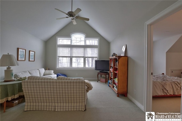 2401/2 Lakeside Dr, Ellery, NY 14712 - living area featuring baseboards, a ceiling fan, vaulted ceiling, and carpet floors