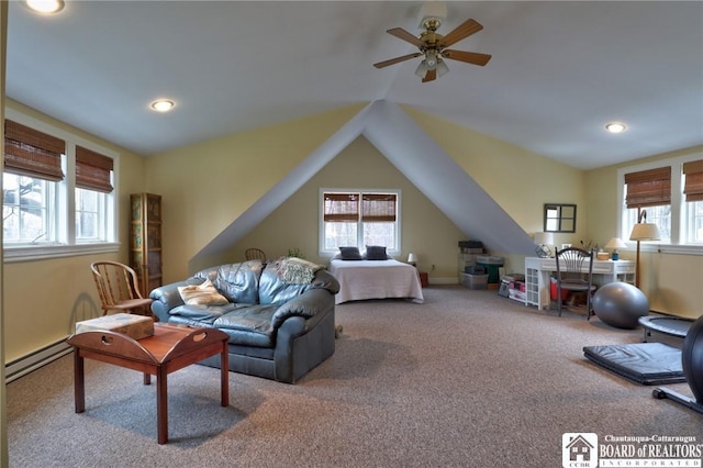 2401/2 Lakeside Dr, Ellery, NY 14712 - bedroom featuring baseboards, recessed lighting, carpet flooring, lofted ceiling, and a baseboard radiator