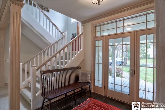 2401/2 Lakeside Dr, Ellery, NY 14712 - entryway featuring french doors, dark tile patterned floors, and stairway