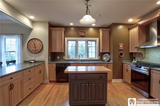 2401/2 Lakeside Dr, Ellery, NY 14712 - kitchen with gas range, dishwasher, a sink, wall chimney range hood, and light wood finished floors