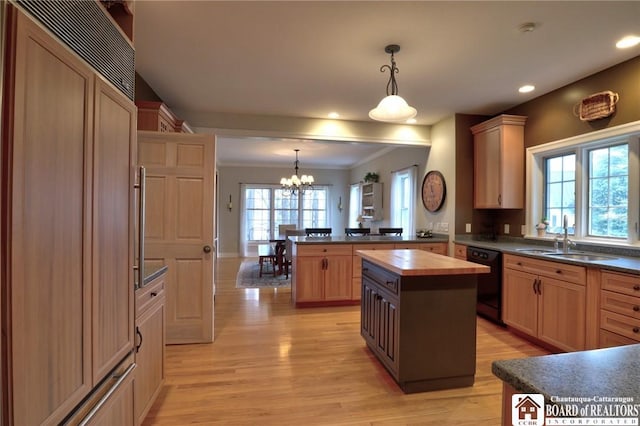 2401/2 Lakeside Dr, Ellery, NY 14712 - kitchen with an inviting chandelier, a peninsula, wooden counters, dishwasher, and a sink